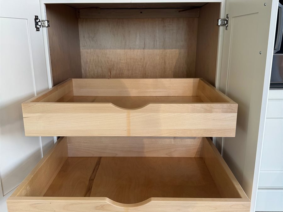 Clear maple drawer boxes with sanded and filled dovetailed joinery by Blue Mountain Design Bend Oregon